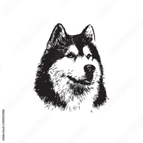 Black and white sketch of a husky's head.