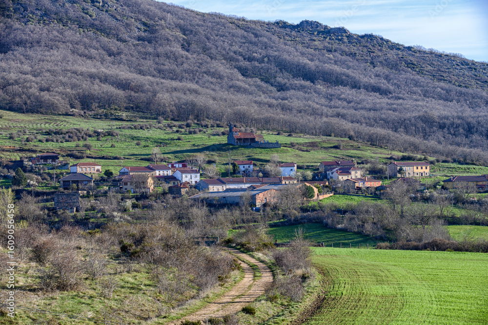 Naklejka premium Panoramic view of Villanueva de la Torre with Romanesque church on hillside