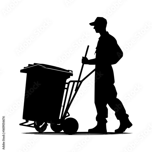Silhouette of a sanitation worker pushing a garbage bin on a cart