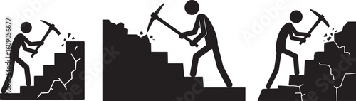Three figures in silhouette mining coal from a rocky hillside