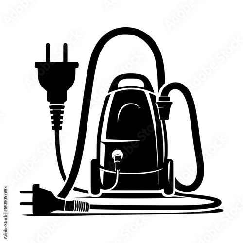 Black silhouette of a vacuum cleaner with power cord and plug