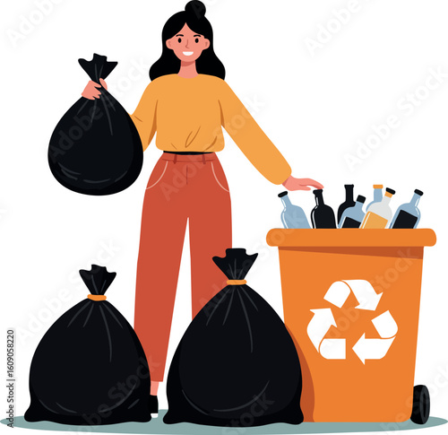 Woman collecting trash and recycling bottles in an orange bin with black garbage bags for waste management and environmental care
