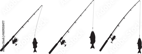 Fishing rods and fish silhouettes in a row silhouette