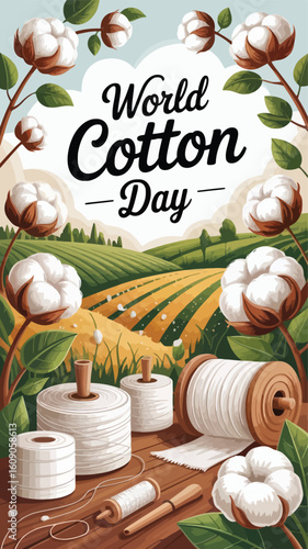  EPS vector illustration celebrating World Cotton Day, featuring cotton plants with fluffy white bolls, cotton fields, and textile threads woven into patterns. 