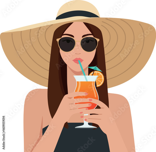 Woman in large sunhat sipping orange cocktail drink with sunglasses summer vacation vector illustration