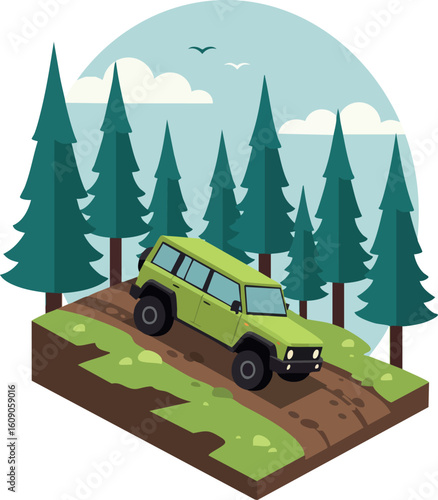 Off-road green SUV vehicle driving on forest dirt trail surrounded by pine trees adventure landscape vector illustration
