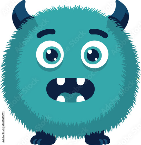 Cute furry blue monster with horns and big eyes smiling friendly cartoon character vector illustration