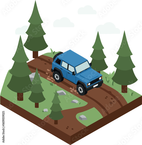Blue offroad vehicle driving on rugged forest trail surrounded by evergreen trees isometric vector illustration