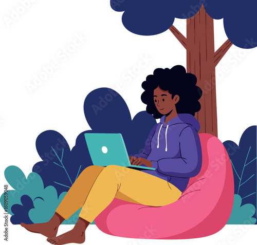 Woman working on laptop outdoors sitting on pink beanbag under tree with dark blue foliage vector illustration