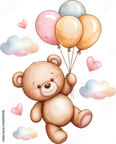 Watercolor flying teddy bear with pastel balloons, clouds and hearts. Nursery Baby Shower Elements.
