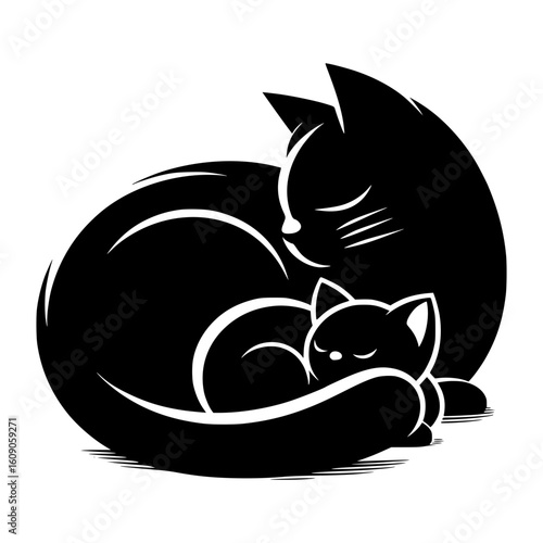 Stylized black cats sleeping together in a cozy embrace