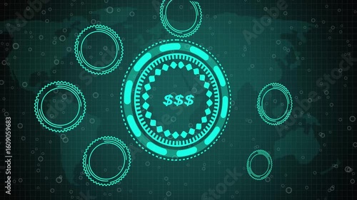 an Dollar concept button , digital data flow. Seamless loop technology network background concept . digital technology animated background concept. 3d animation and grid maps background.