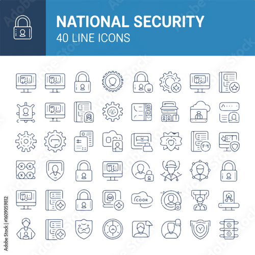 A set of 40 national security line art icons arranged in a grid layout with a blue header bar.