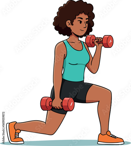 Woman exercising with dumbbells performing lunges in athletic wear for fitness and strength training vector illustration