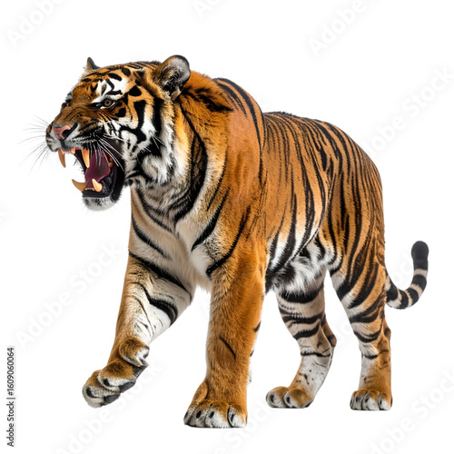 Roaring Tiger: A magnificent tiger with a striking orange and black striped coat, bares its teeth in a powerful roar, embodying the raw energy and untamed spirit of the wild.