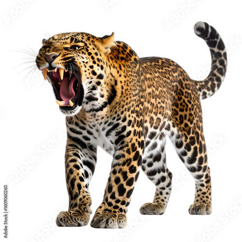 Leopard Roar: A striking leopard, captured mid-roar with sharp teeth bared, showcasing the animal's raw power and captivating energy.