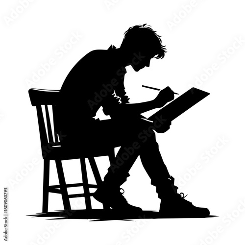 Silhouette of a person sitting on a chair drawing on a sketchpad