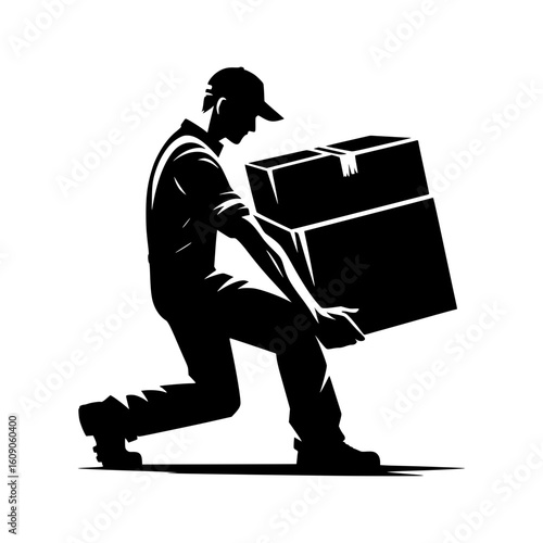 Delivery man carrying two large boxes with care and effort