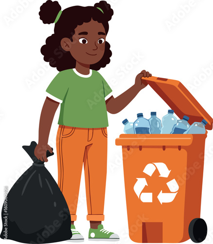 Young girl recycling plastic bottles into orange bin promoting environmental care and sustainability in casual outfit