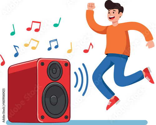 Young man dancing happily to music from large red speaker colorful notes vector illustration