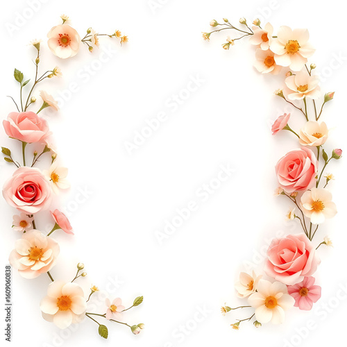 fondo liso blanco con espacio de copia conun marco decorativo de flores elegantes en colores pastel con detalles y adornos para invitacion o tarjeta de dia de las madres o festejo celebracion