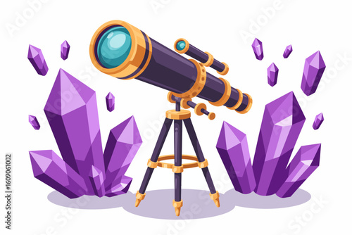 Cartoon Telescope on Tripod Surrounded by Purple Crystals Fantasy Exploration and Scientific Discovery Image