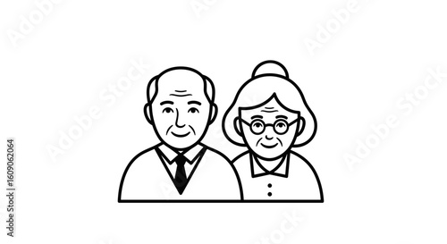 Elderly couple smiling in simple black and white illustration