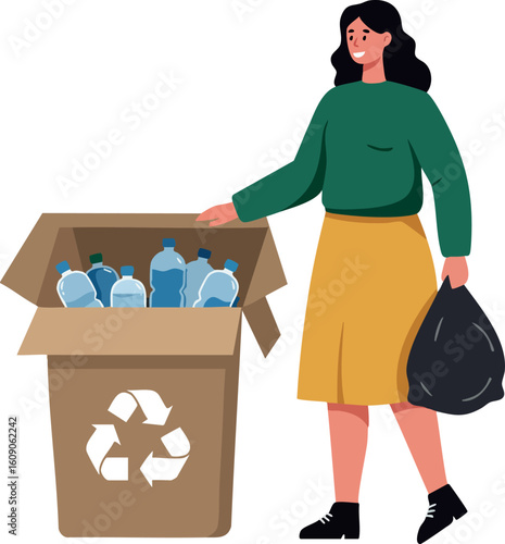 Woman recycling plastic bottles into bin promoting environmental awareness and sustainability in daily life vector illustration