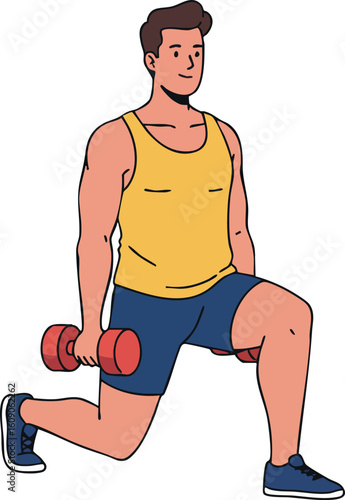 Man exercising with dumbbell in yellow tank top and blue shorts doing lunges for fitness and strength training vector illustration