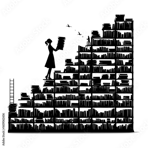 Silhouette of a woman climbing a staircase made of books