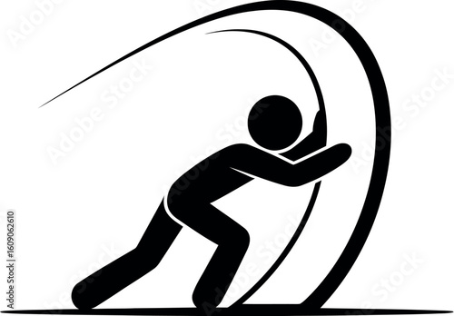 A black stick figure is pushing a large curved object on a white background illustration art