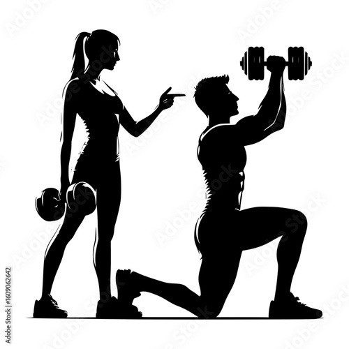 Silhouettes of a man and woman exercising with weights