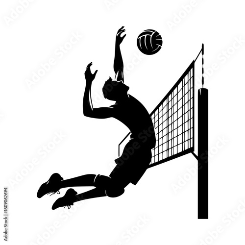 Silhouette of a male volleyball player spiking the ball over the net