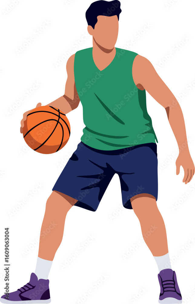 Naklejka premium Male basketball player dribbling ball in green jersey and navy shorts vector illustration