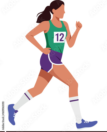 Female athlete running in purple shorts and green tank top competing in race with number twelve bib jogging fast