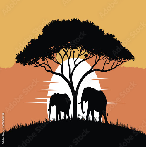 Silhouette of two elephants under a tree at sunset with a warm orange and yellow sky background scene