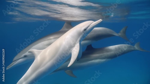 Dolphins swimming under ocean, there is a white dolphin which is albino, Generative AI