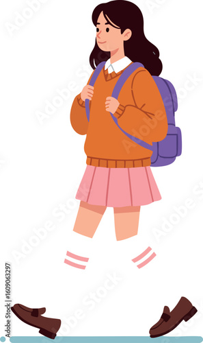 Schoolgirl walking with purple backpack wearing orange sweater and pink skirt vector illustration