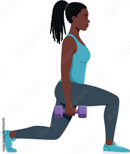Woman exercising with dumbbells doing lunges in fitness workout routine for strength training and health