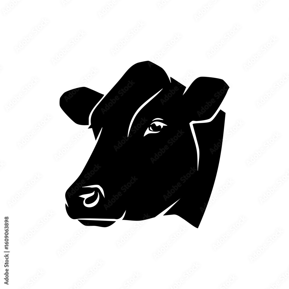 Obraz premium Black Cow Head Silhouette Vector Portrait - Alert Farm Animal Face Icon