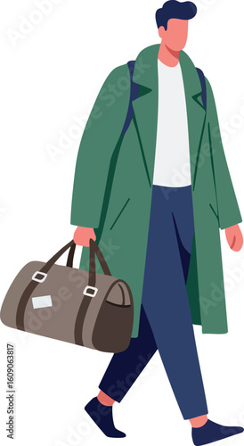 Man walking with green coat and brown duffle bag carrying travel essentials vector illustration