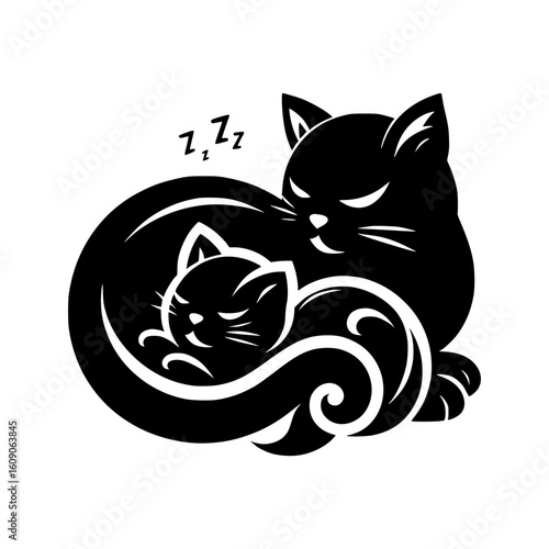 Black mother cat sleeping peacefully with her kitten curled up beside her