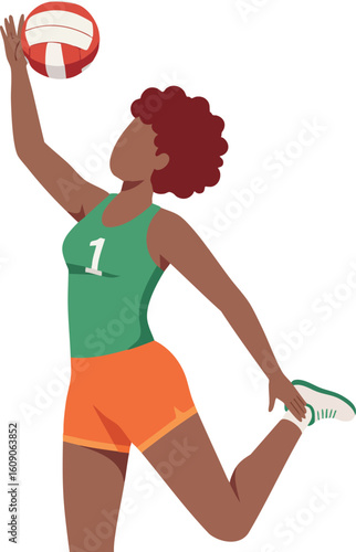 Volleyball player jumping to spike ball in green jersey and orange shorts dynamic sports action vector illustration