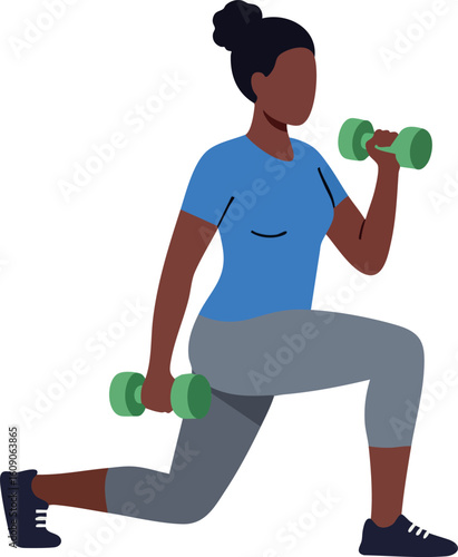 Woman exercising with dumbbells in blue shirt and gray leggings performing lunges fitness workout vector illustration
