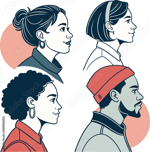 Portraits in Profile: Capturing diverse faces in stylish profile, embodying unique expressions and individuality through elegant line art, set against gentle backdrops.