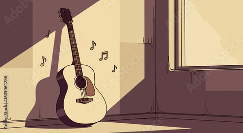 Acoustic guitar leaning against a wall with musical notes in a sunlit room
