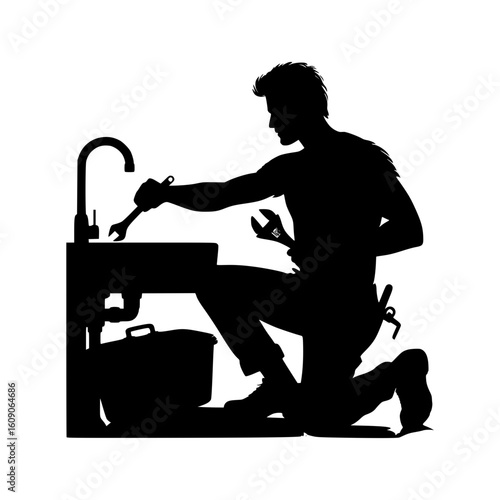 Silhouette of a plumber fixing a sink with tools