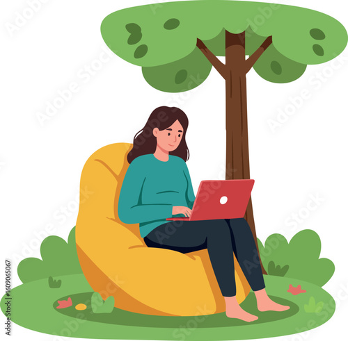 Woman working on laptop outdoors sitting on yellow bean bag under green tree in peaceful park vector