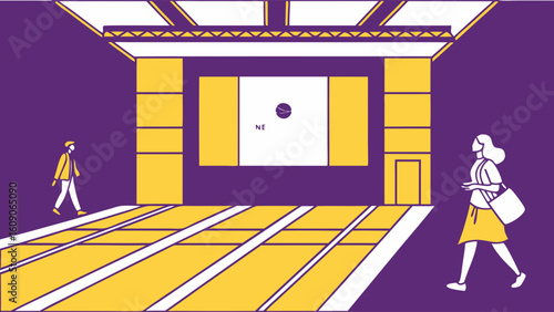 Two figures stroll through a minimalist, geometric interior space featuring a large, central screen.
