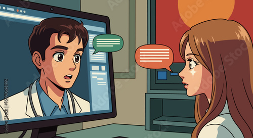 Anime-Style Telemedicine Consultation Depicting Doctor and Patient Communication.
